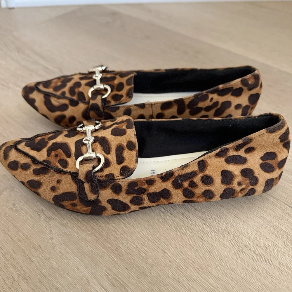 Anne Klein iflex Akoverbook Loafers Black Brown Leopard Print Pointed Toe Size 8